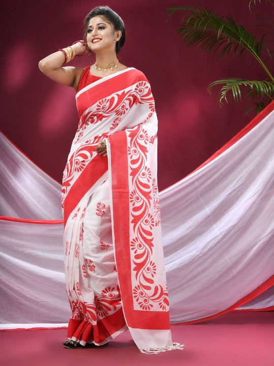 Exquisite Red & White Pure Cotton Saree with Woven Zari Design & Solid Border