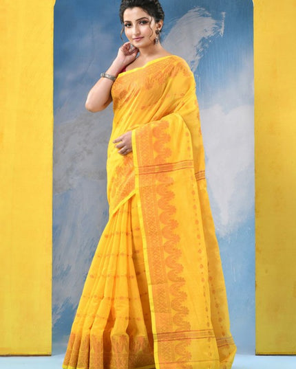 DESH BIDESH Yellow Orange Floral Woven Design Zari Saree with Unstitched Blouse Piece