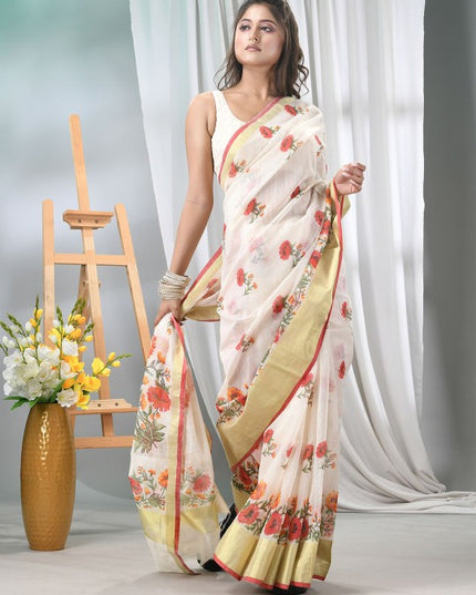 DESH BIDESH Elegant Floral Printed Saree with Solid Border and Unstitched Blouse