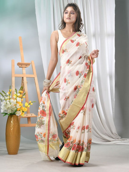 DESH BIDESH Elegant Floral Printed Saree with Solid Border and Unstitched Blouse