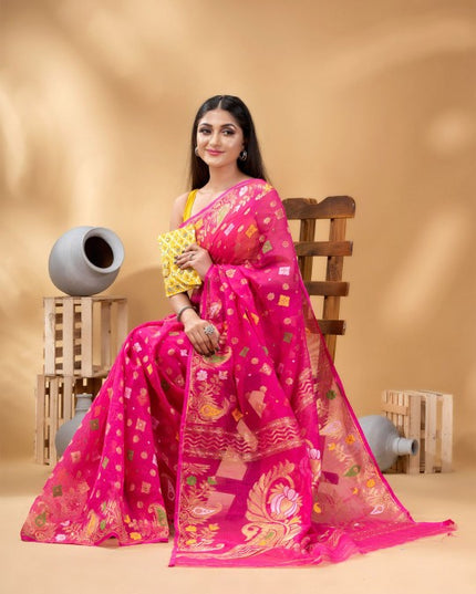 Exquisite Pink Gold-Toned Jamdani Saree with Woven Zari Design Border
