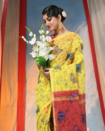 Exquisite Yellow Handloom Saree with Abstract Printed Butterfly Design & Blouse Piece