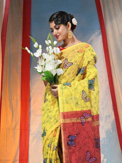 Exquisite Yellow Handloom Saree with Abstract Printed Butterfly Design & Blouse Piece