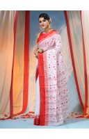 Traditional Bengal Agomoni Red White Embroidery Cotton Handloom Saree Without Blouse Piece (Red White)