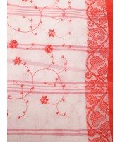 Traditional Bengal Agomoni Red White Embroidery Cotton Handloom Saree Without Blouse Piece (Red White)