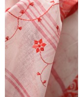 Traditional Bengal Agomoni Red White Embroidery Cotton Handloom Saree Without Blouse Piece (Red White)
