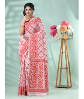 Resham Dhakai Jamdani Cotton Handloom Saree Arrow Design Jamdani Saree (Rwd White)