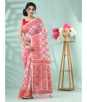 Resham Dhakai Jamdani Cotton Handloom Saree Arrow Design Jamdani Saree (Rwd White)