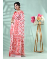 Resham Dhakai Jamdani Cotton Handloom Saree Arrow Design Jamdani Saree (Rwd White)