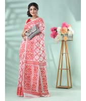 Resham Dhakai Jamdani Cotton Handloom Saree Arrow Design Jamdani Saree (Rwd White)
