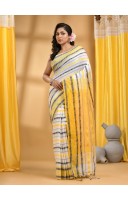 Traditional Bengali Begampuri   Handloom Cotton Saree With Blouse Piece(White Yellow)