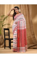 Traditional Bengali Begampuri Handloom Cotton Saree With Blouse Piece (White Black Red)