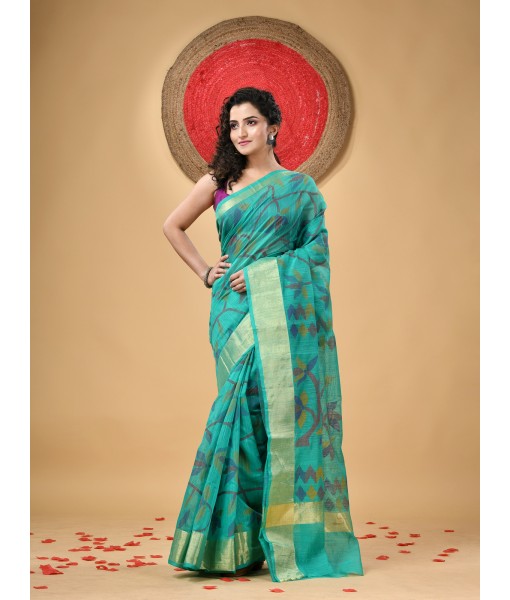 dB DESH BIDESH Women`s Tant Cotton Silk Handloom Cotton Blend Saree Floral Leaf Design With Blouse Piece