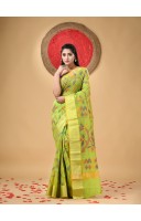 Handloom Cotton Blend Saree Floral Leaf Design With Blouse Piece (Green)