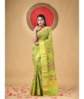 Handloom Cotton Blend Saree Floral Leaf Design With Blouse Piece (Green)
