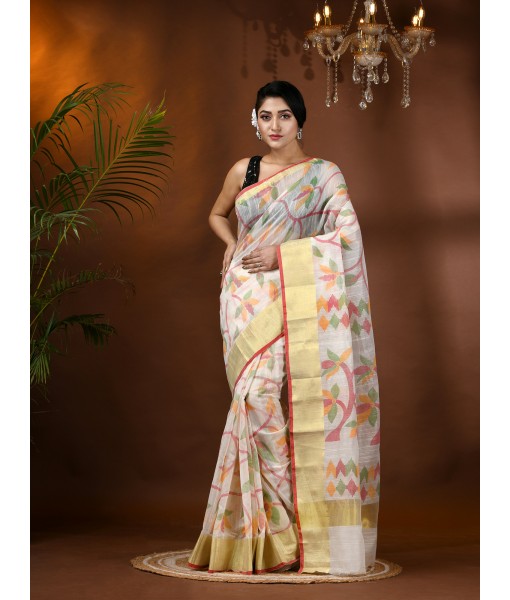 dB DESH BIDESH Women`s Tant Cotton Silk Handloom Cotton Blend Saree Floral Leaf Design With Blouse Piece