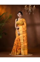 Handloom Cotton Blend Saree Floral Leaf Design With Blouse Piece (Yellow)