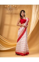 Traditional Tant Pure Cotton Handloom Saree LalKamal Design Without Blouse Piece (Red White)