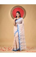 Traditional Pure Handloom Cotton Saree Leaf Woven Design Without Blouse Piece (Light Peach)
