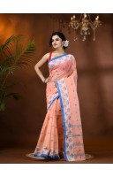Traditional Pure Handloom Cotton Saree Leaf Woven Design Without Blouse Piece (Deep Peach)