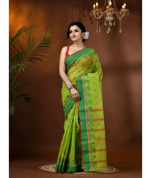 Traditional Bengal Tant Woven Minakari Kolka Design Pure Handloom Cotton Saree Without Blouse Piece(Green)