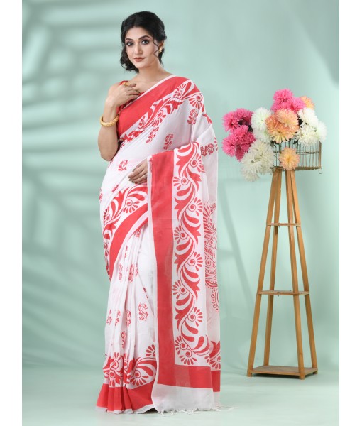 Cotton Saree Nabapatrika Design Handloom Saree With Blouse Piece (Red White)