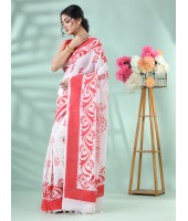 Cotton Saree Nabapatrika Design Handloom Saree With Blouse Piece (Red White)