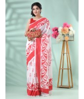 Cotton Saree Nabapatrika Design Handloom Saree With Blouse Piece (Red White)