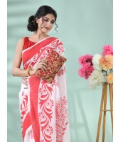 Cotton Saree Nabapatrika Design Handloom Saree With Blouse Piece (Red White)
