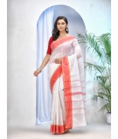  Bengal Tant Aradhana Pure Handloom Cotton Saree Without Blouse Piece (White Red)