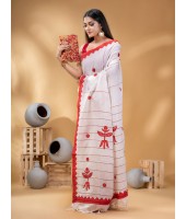 Khesh Pure Cotton Handloom Saree Trinayani Durga Designed With Blouse Piece (White Red)