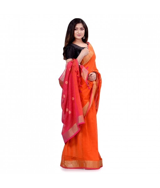 dB DESH BIDESH Women`s Pure Cotton Traditional Bengali Tant Handloom Cotton Saree Round Desigined With Blouse Piece (Yellow Pink)