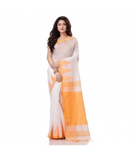 Women`s Traditional Bengali Handloom Tant Pure Cotton Saree Khadi Temple Par Desigined With Blouse Piece White Yellow