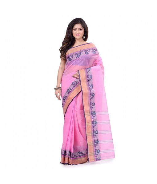 Women`s Traditional Bengal Tant Pure Handloom Cotton Saree PushpoLata Woven Design Without Blouse Piece Pink