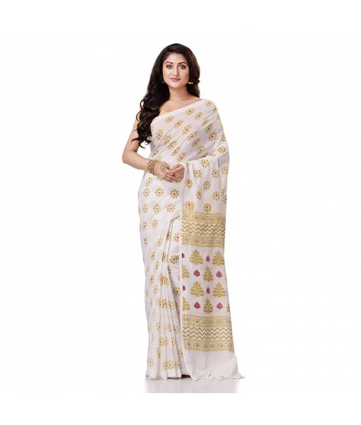 dB DESH BIDESH Women`s Bengal Tant Abhrak Work Design Soft Pure Handloom Cotton Saree With Blouse Piece White