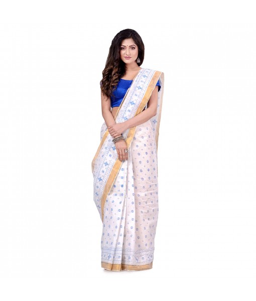 dB DESH BIDESH Women`s Bengal Tant Kerala Print Design Pure Handloom Cotton Saree Without Blouse Piece White Blue