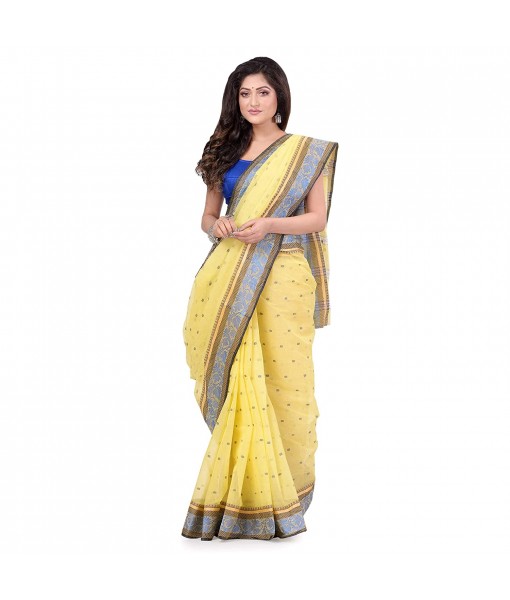 dB DESH BIDESH Women`s Traditional Bengal Tant Pure Handloom Cotton Saree Patabahar Design Without Blouse Piece Light Yellow