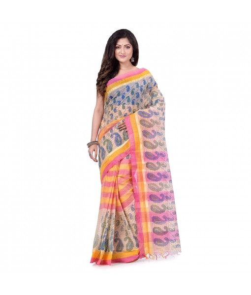 dB DESH BIDESH Women`s Bengal Tant Kolka Print Design Pure Handloom Cotton Saree Without Blouse Pink Yellow