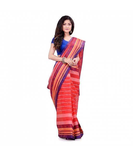dB DESH BIDESH Women`s Traditional Bengal Tant Pure Handloom Cotton Saree Temple Buti Woven Design Without Blouse Piece Red