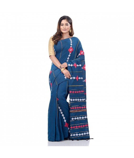 dB DESH BIDESH Women`s Bengali Khesh Mul Pure Cotton Handloom Saree With Blouse Piece (Prussian Blue)