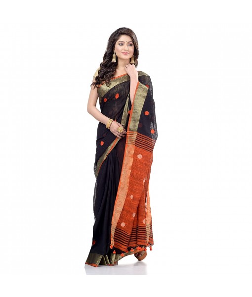 dB DESH BIDESH Women`s Pure Cotton Traditional Bengali Tant Handloom Cotton Saree Round Desigined With Blouse Piece (Black orange)