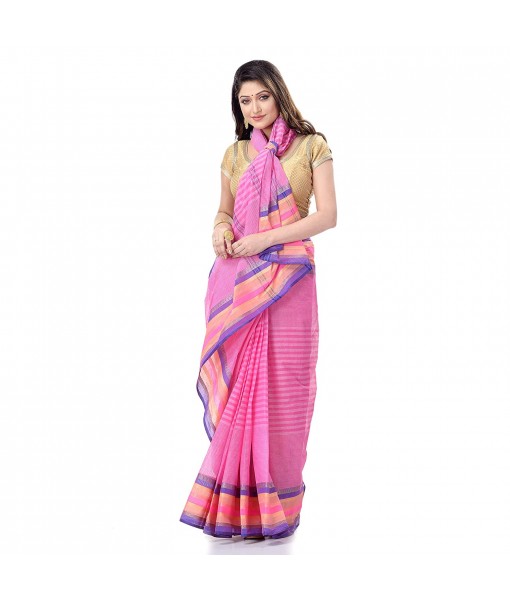 dB DESH BIDESH Women`s Bengal Handloom Pure Cotton Saree Khejur Chori Design Without Blouse Piece Pink
