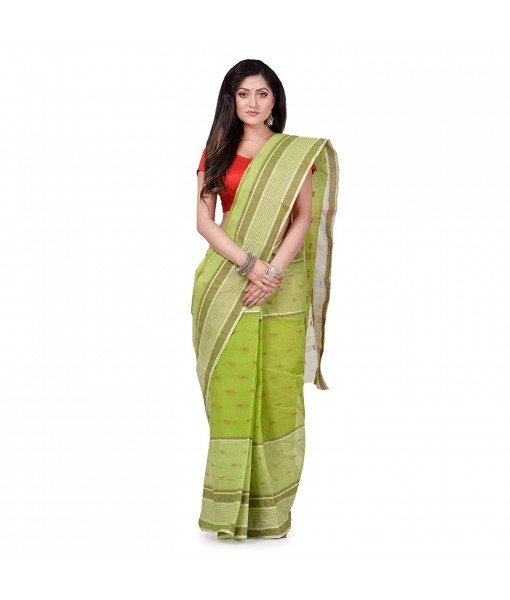 dB DESH BIDESH Women`s Bengal Tant Devdas Design Pure Handloom Cotton Saree Without Blouse Piece Green