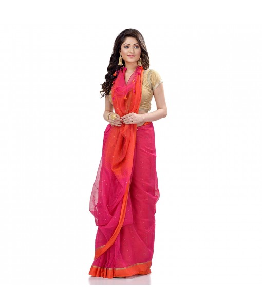 dB DESH BIDESH Women`s Tant Silk Handloom Cotton Saree Sequence Work With Blouse Piece Pink Orange