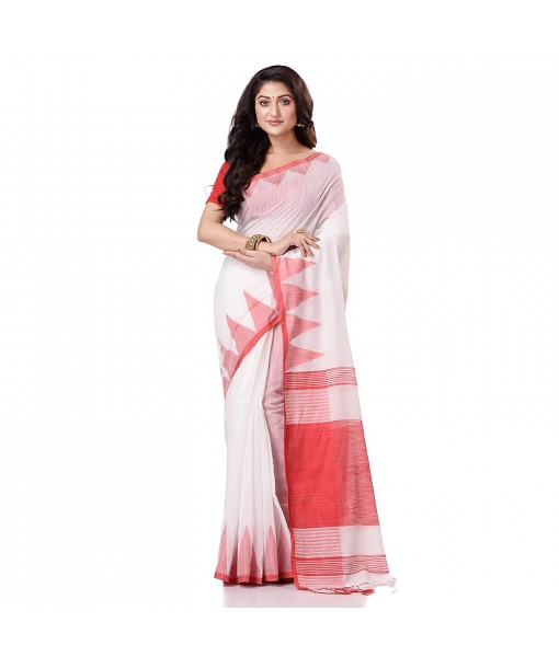 Women`s Traditional Bengali Handloom Tant Pure Cotton Saree Khadi Temple Par Desigined With Blouse Piece White Red