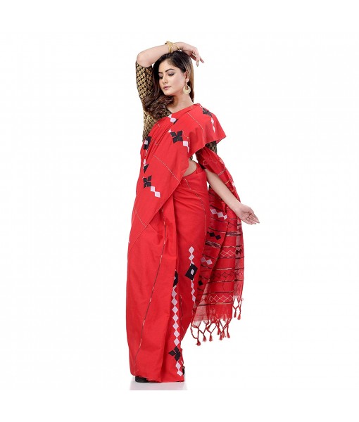 dB DESH BIDESH Women`s Bengali Khesh Mul Pure Cotton Handloom Saree With Blouse Piece (Red)