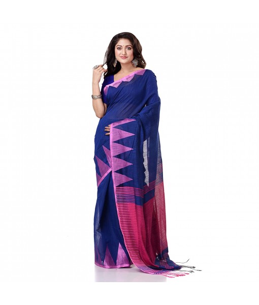 Women`s Traditional Bengali Handloom Tant Pure Cotton Saree Khadi Temple Par Desigined With Blouse Piece Blue Pink