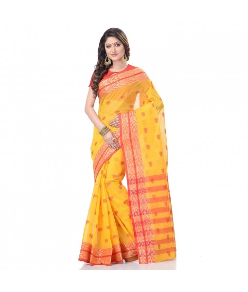 dB DESH BIDESH Women`s Bengal Tant Pure Handloom Cotton Saree Potrobinnas Design Without Blouse Piece Orange Yellow