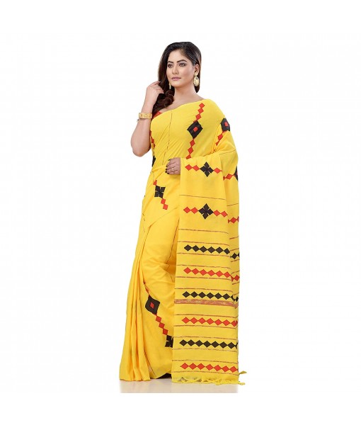 dB DESH BIDESH Women`s Bengali Khesh Mul Pure Cotton Handloom Saree With Blouse Piece (Yellow)
