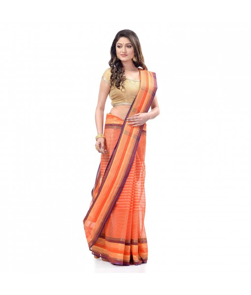 dB DESH BIDESH Women`s Bengal Handloom Pure Cotton Saree Khejur Chori Design Without Blouse Piece Orange